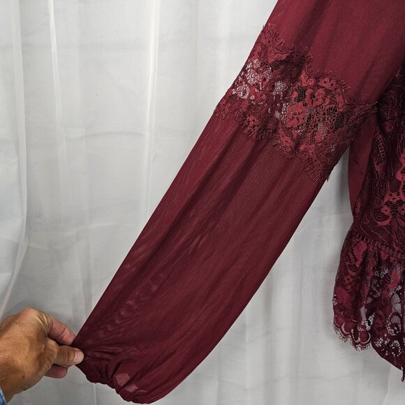 Burgundy Mesh Lace Blouse Sheer Goth Boho Whimsigoth Fairy Peplum 1X - Picture 3 of 10
